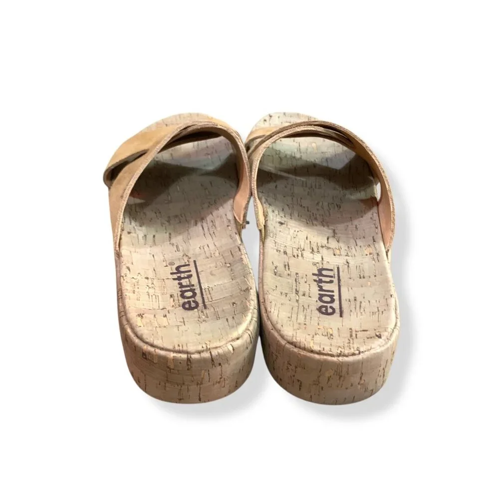Women's Earth Cork Wedge Cross Strap Sandals Sz 8 Tan Suede Slip-On‎ Resort Pool